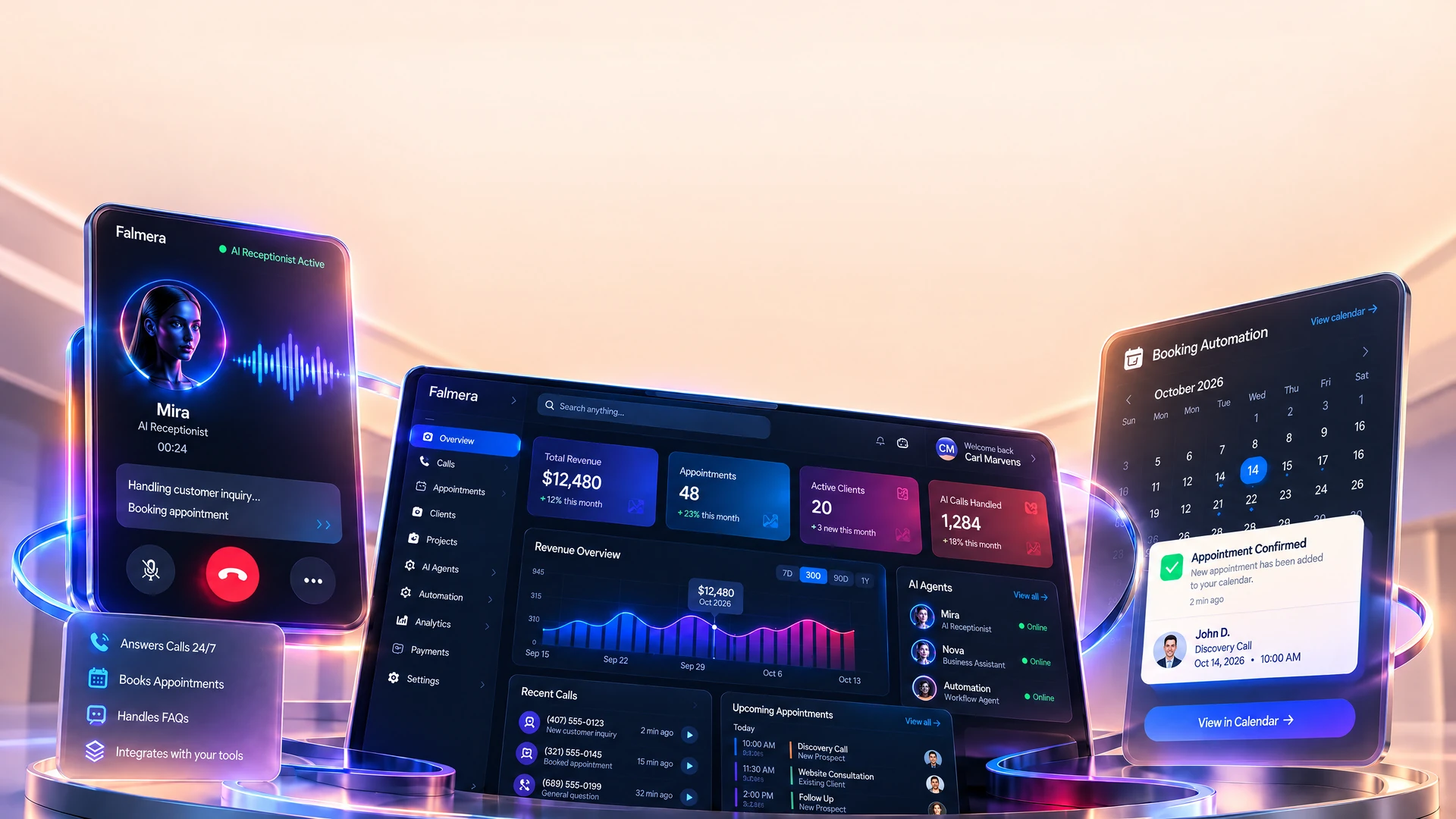 Illustration of three connected Falmera screens: Mira the AI receptionist on a call, the Owner Dashboard, and a booking calendar confirming an appointment.